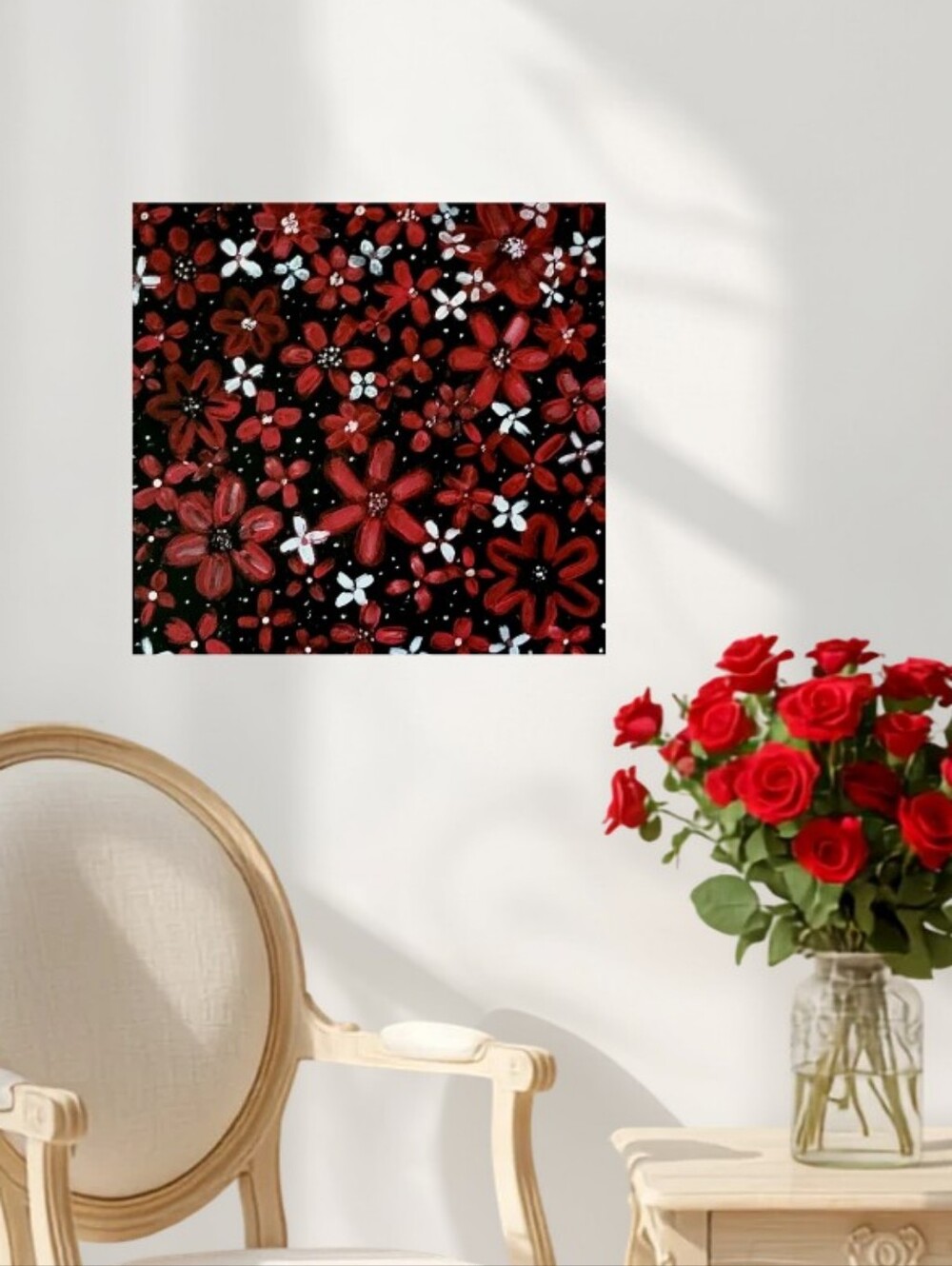 Hand Crafted Abstract Red White and Black 12x12 Inches Wall Art Canvas Painting